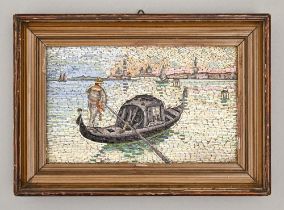 An Italian mosaic plaque of a Venetian gondolier, late 19th c, 11.5 x 18.5cm, stained wood frame