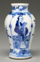 A Chinese blue and white miniature baluster vase, 19th c, painted with a young woman alternating