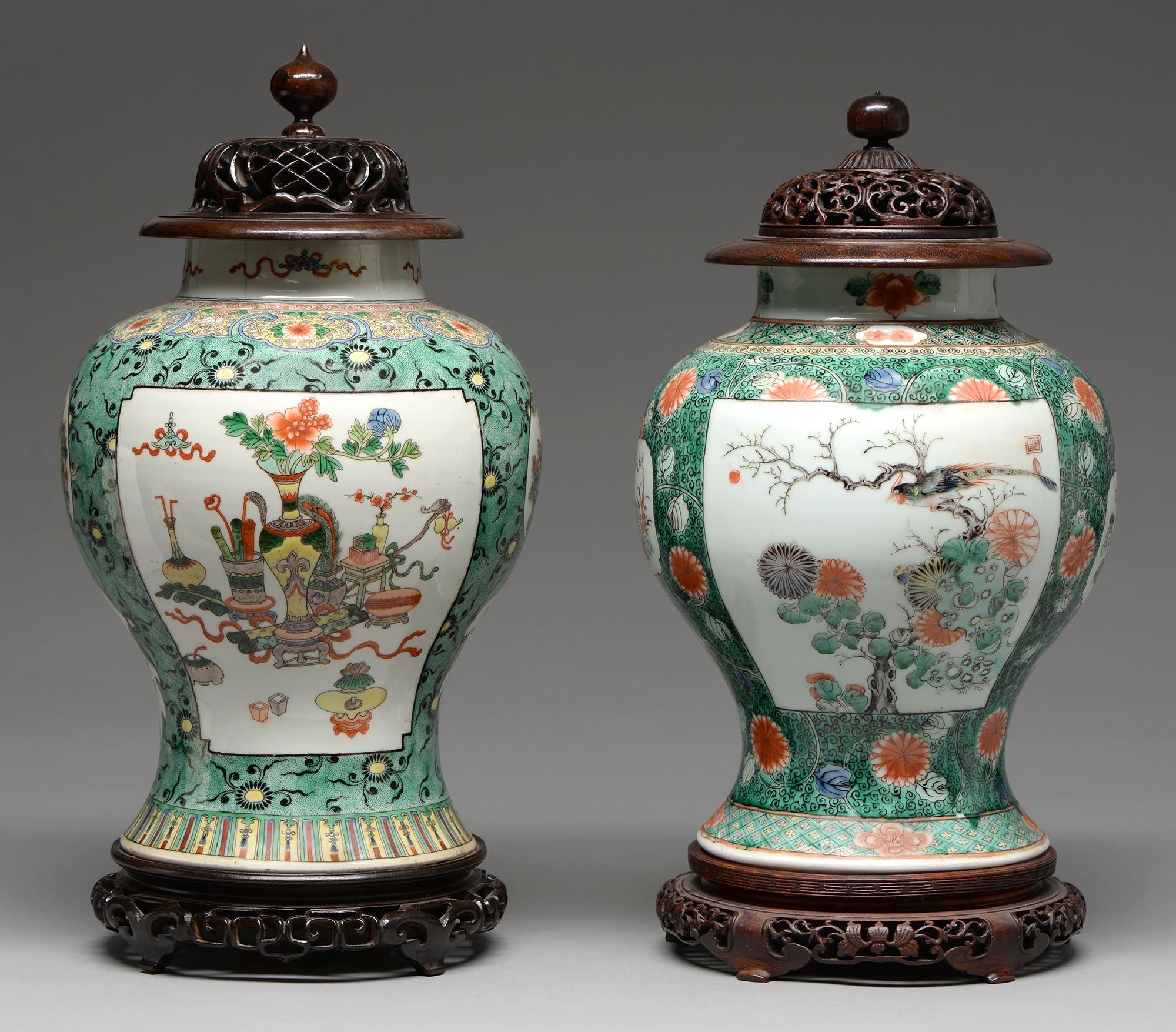 Two Samson famille verte jars, enamelled in Kangxi style with birds or flower filled objects on a