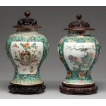 Two Samson famille verte jars, enamelled in Kangxi style with birds or flower filled objects on a