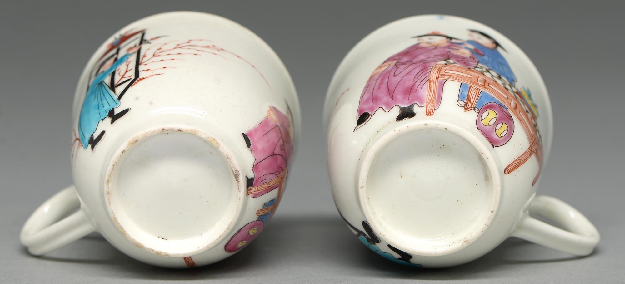Two Worcester coffee cups, c1765, with underglaze blue border and painted with three Chinese - Image 2 of 2