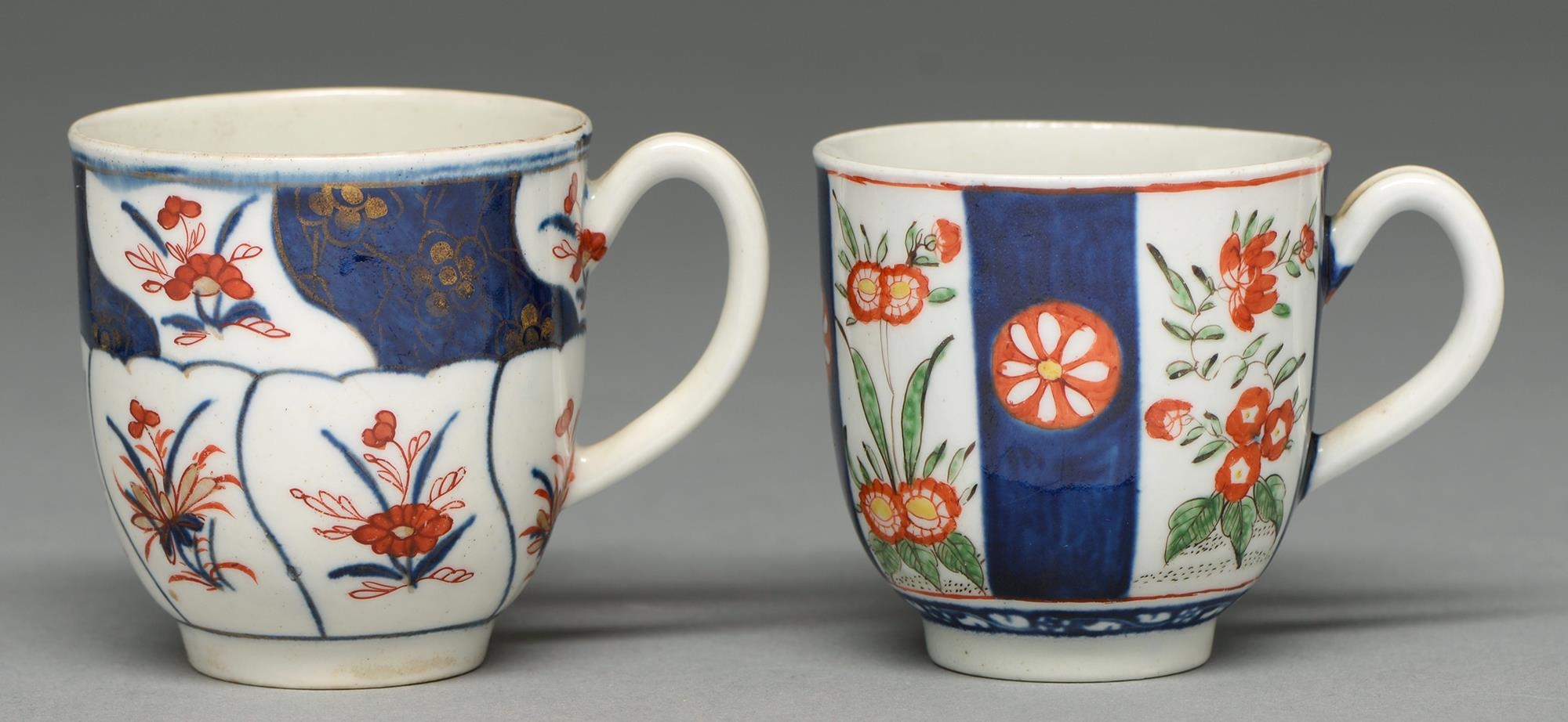 Two Worcester coffee cups, c1775, painted in underglaze blue, enamelled and gilt with different
