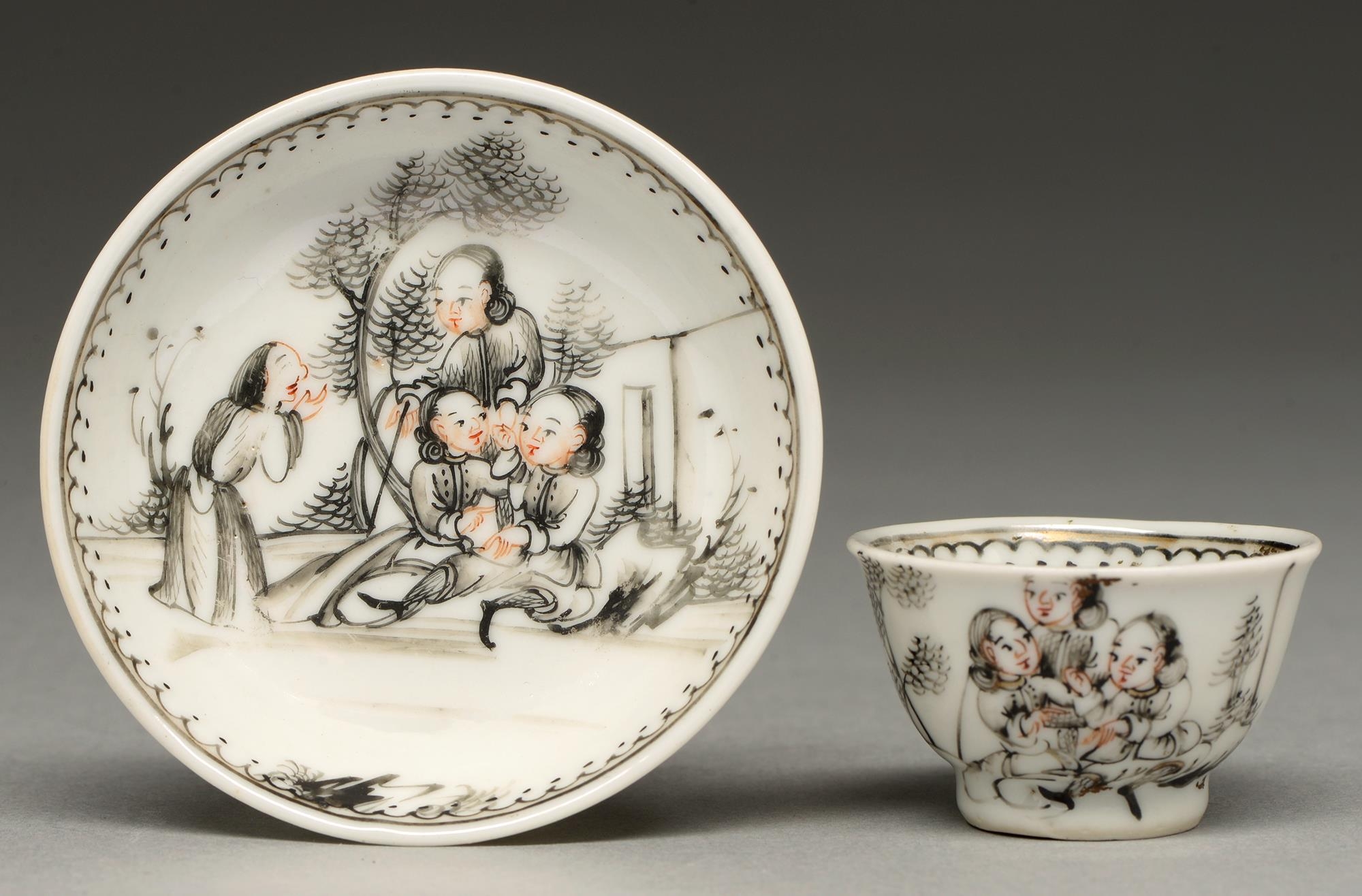 A Chinese porcelain grisaille-decorated toy tea bowl and saucer, mid 18th c, pencilled in black with