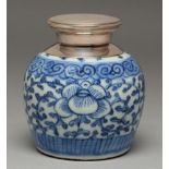 A Chinese blue and white jar, 19th c, painted with shou character and flowers, later silver mount