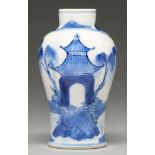 A Chinese blue and white miniature baluster vase, 19th c, painted with figures on bridges between