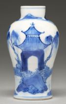 A Chinese blue and white miniature baluster vase, 19th c, painted with figures on bridges between