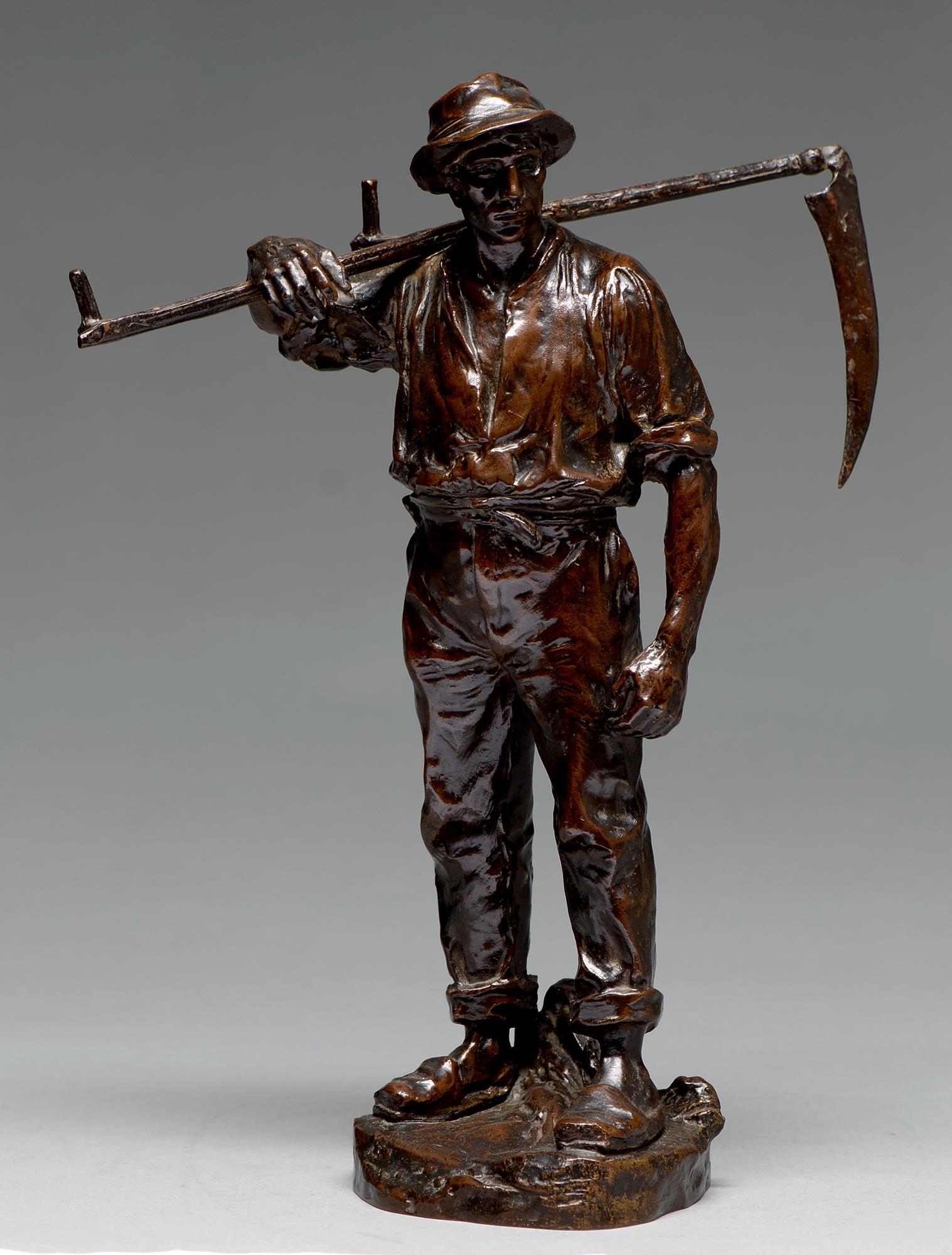 A German bronze sculpture of a man with a scythe, cast from a model by H Muller, early 20th c,