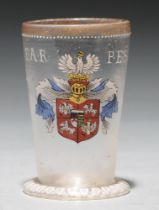 A Bohemian armorial enamelled glass beaker, late 18th c, with the arms of the Elector of Saxony