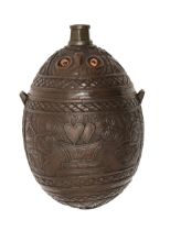 A coconut flask, probably French,  18th c, carved with two hearts pierced by Cupid's dart and a