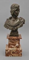 A French Art Nouveau bronze bust of a Sibyl, cast from a model by Emmanuel Villanis, early 20th c,