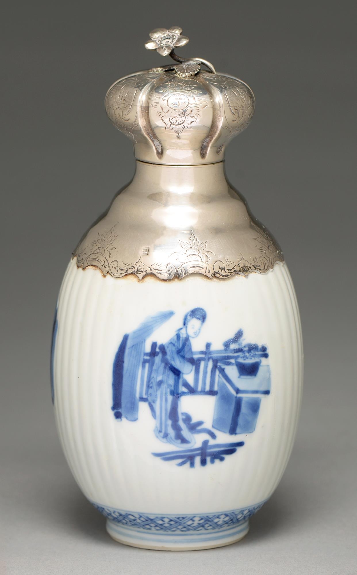 A Chinese blue and white reeded oviform jar, 18th c, painted with a lady in an interior, later