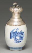 A Chinese blue and white reeded oviform jar, 18th c, painted with a lady in an interior, later