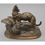 A French bronze animalier sculpture of a stoat and bird, cast from a model by Ferdinand Pautrot,