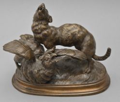 A French bronze animalier sculpture of a stoat and bird, cast from a model by Ferdinand Pautrot,