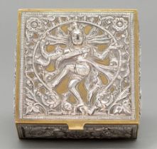 An Indian brass cigarette box, early 20th c, the silver repousse decoration to the lid and sides