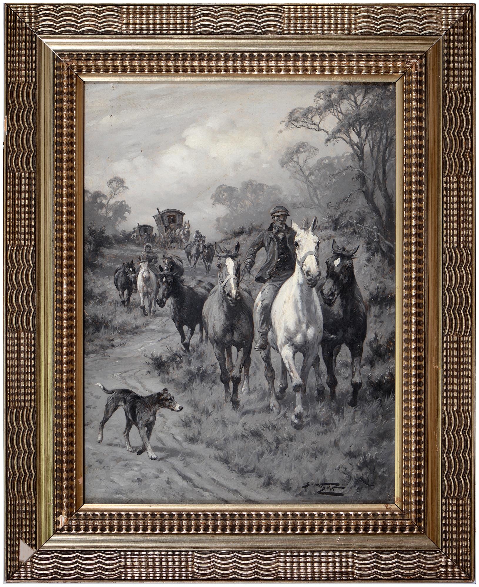 George Wright (1860-1944) - Romanies and Horses, signed, oil on canvas, en grisaille, 39.5 x 28. - Image 2 of 2
