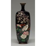 A Japanese cloisonne enamel vase, Meiji period, of square section, enamelled in silver cloisonne