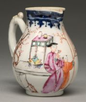 A Chinese underglaze blue and famille rose milk jug, 18th c, enamelled with a boy at a window and