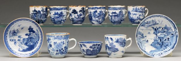 Eleven Chinese blue and white export porcelain coffee and other cups and saucers, 18th and early