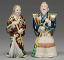 A pair of Imari figures of an elderly man and woman, Jo and Uba, Meiji period, 12 and 13cm h