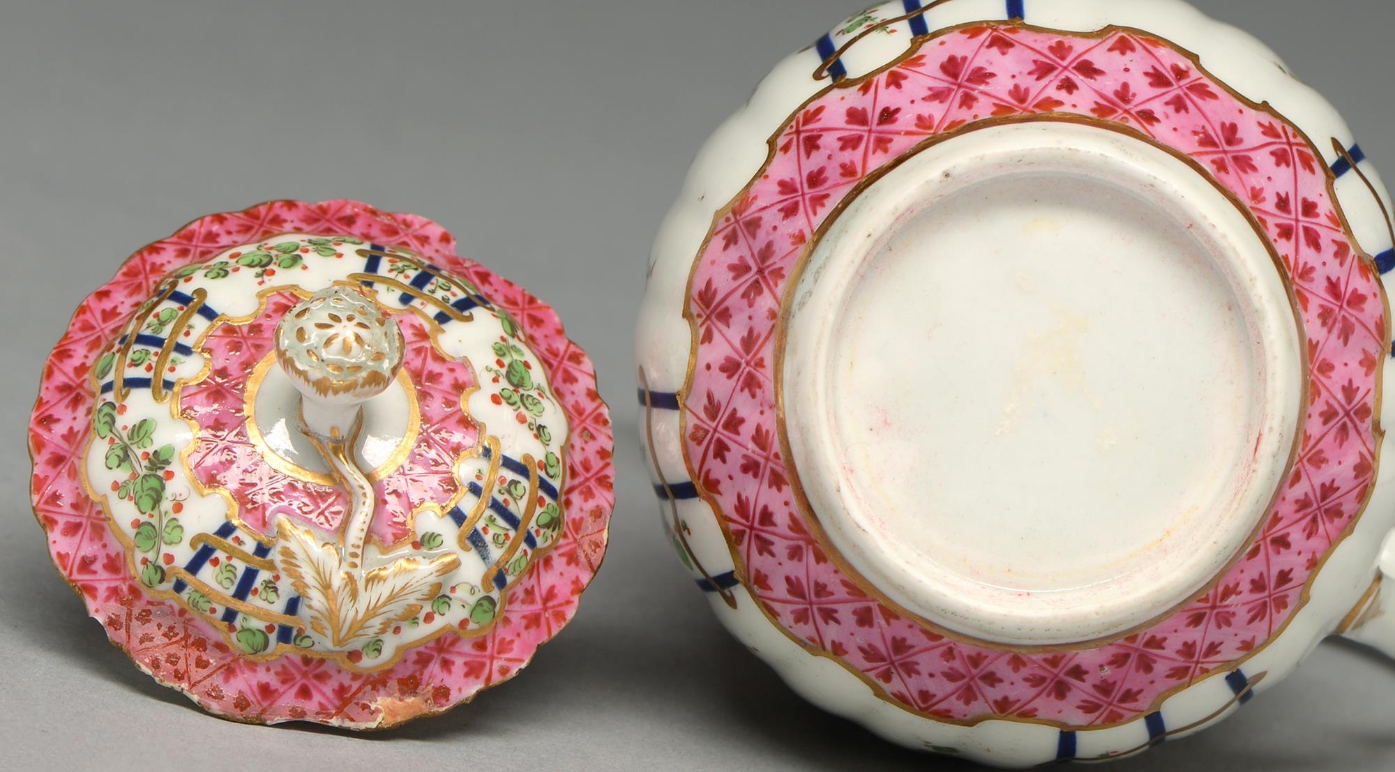 A Worcester hot milk jug and cover, c1775, enamelled in Sevres style with the Hop Trellis pattern, - Image 2 of 2