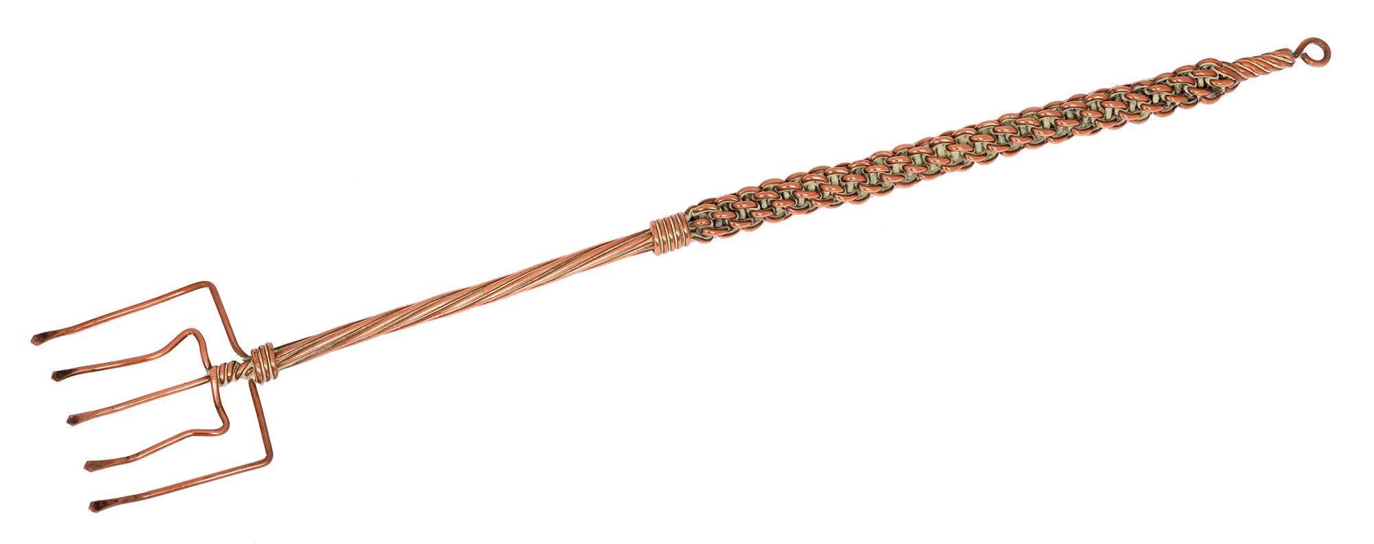An unusual and improbable copper five prong toasting fork, 19th / early 20th c, 49.5cm l Complete