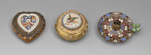 Two Italian giltmetal and mosaic miniature boxes, late 19th c, the lid decorated with bird or
