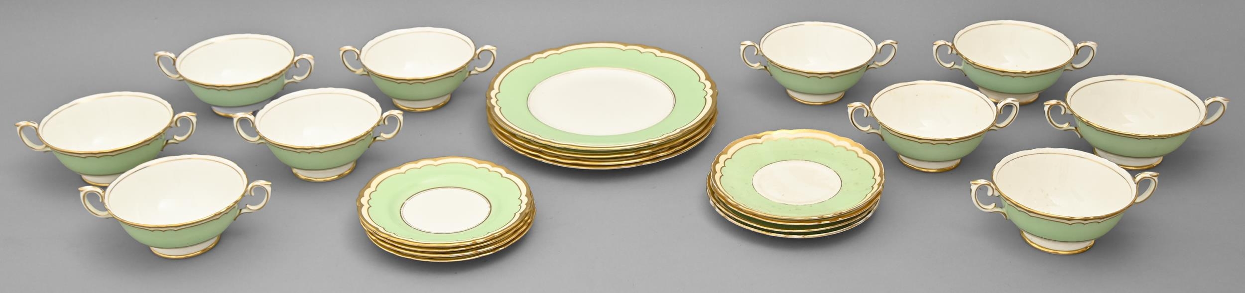 A Crown Staffordshire bone china apple green and gilt bordered dinner service, printed mark Good - Image 2 of 2