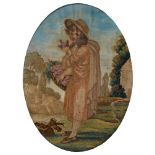 A Regency silk, wool and painted picture of a girl with a basket of roses, oval, 34cm, in giltwood