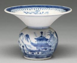 A Chinese blue and white spittoon, 18th c, painted with landscape and three flowers in diaper