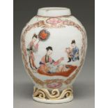 A Chinese famille rose tea caddy, c1770, ovoid, painted with two scenes of a seated lady and two