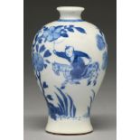 A Chinese blue and white vase, meiping, 19th c, painted with a landscape with two boys, one on