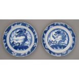 A pair of Chinese blue and white plates, Kangxi period, painted with dragon and carp in wave border,