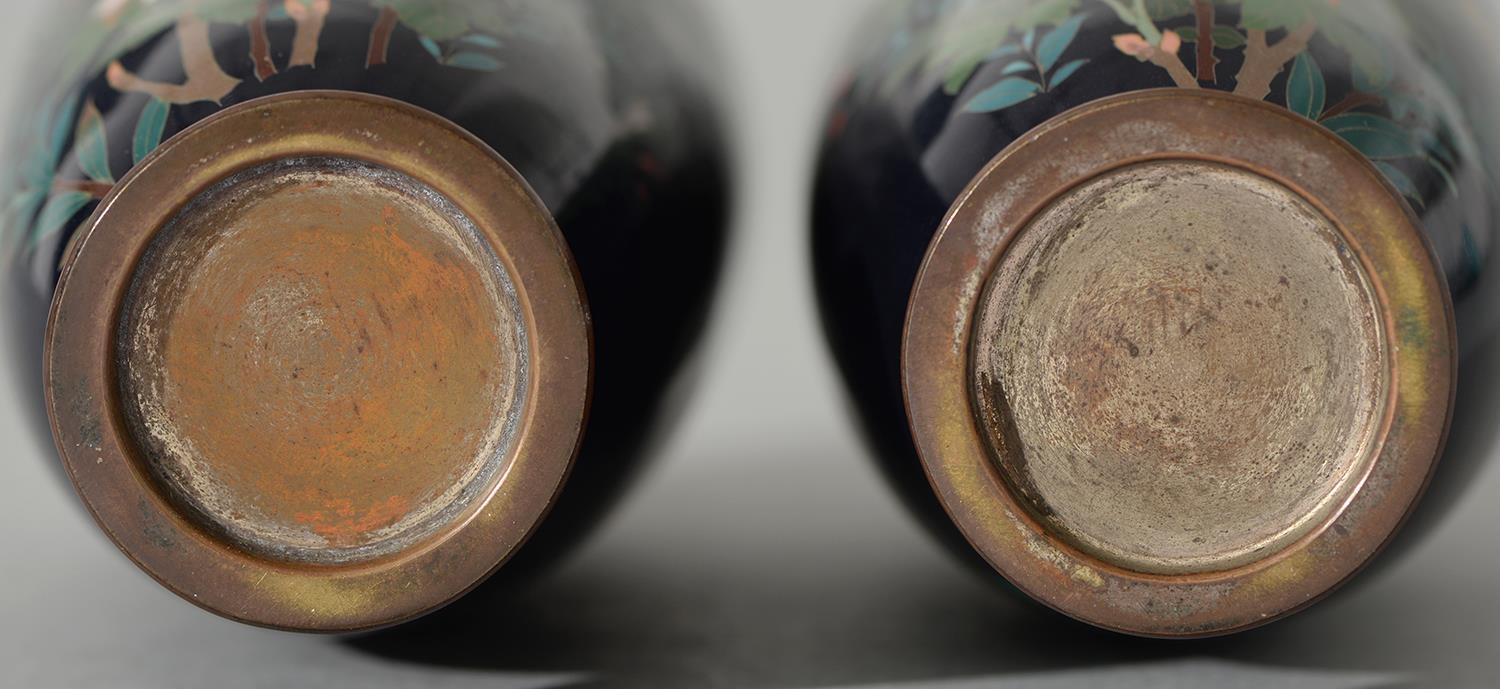 A pair of Japanese cloisonne enamel vases, Meiji period, enamelled with chrysanthemums, peonies - Image 2 of 2