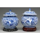 A pair of Chinese blue and white jars and covers, late 19th c, compressed ovoid, painted with a sage