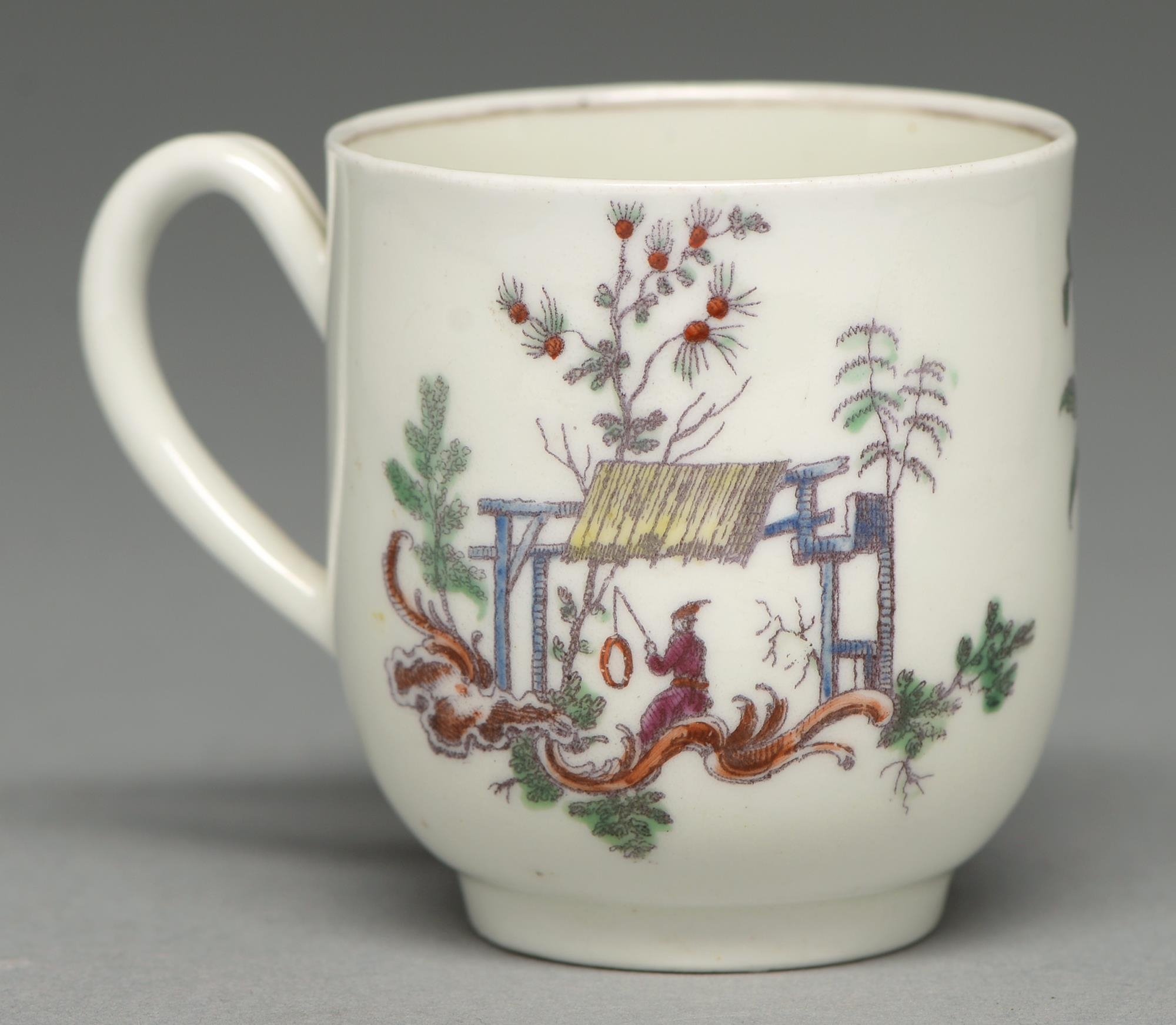 A Worcester coffee cup, c1762, transfer printed in black from the engraving by Robert Hancock