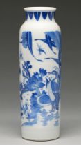 A Chinese blue and white sleeve vase, rolwagen, 19th c or later, painted in Transitional style