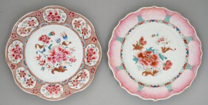 Two Chinese famille rose plates, c1770, enamelled with peony, one with pink and turquoise flower