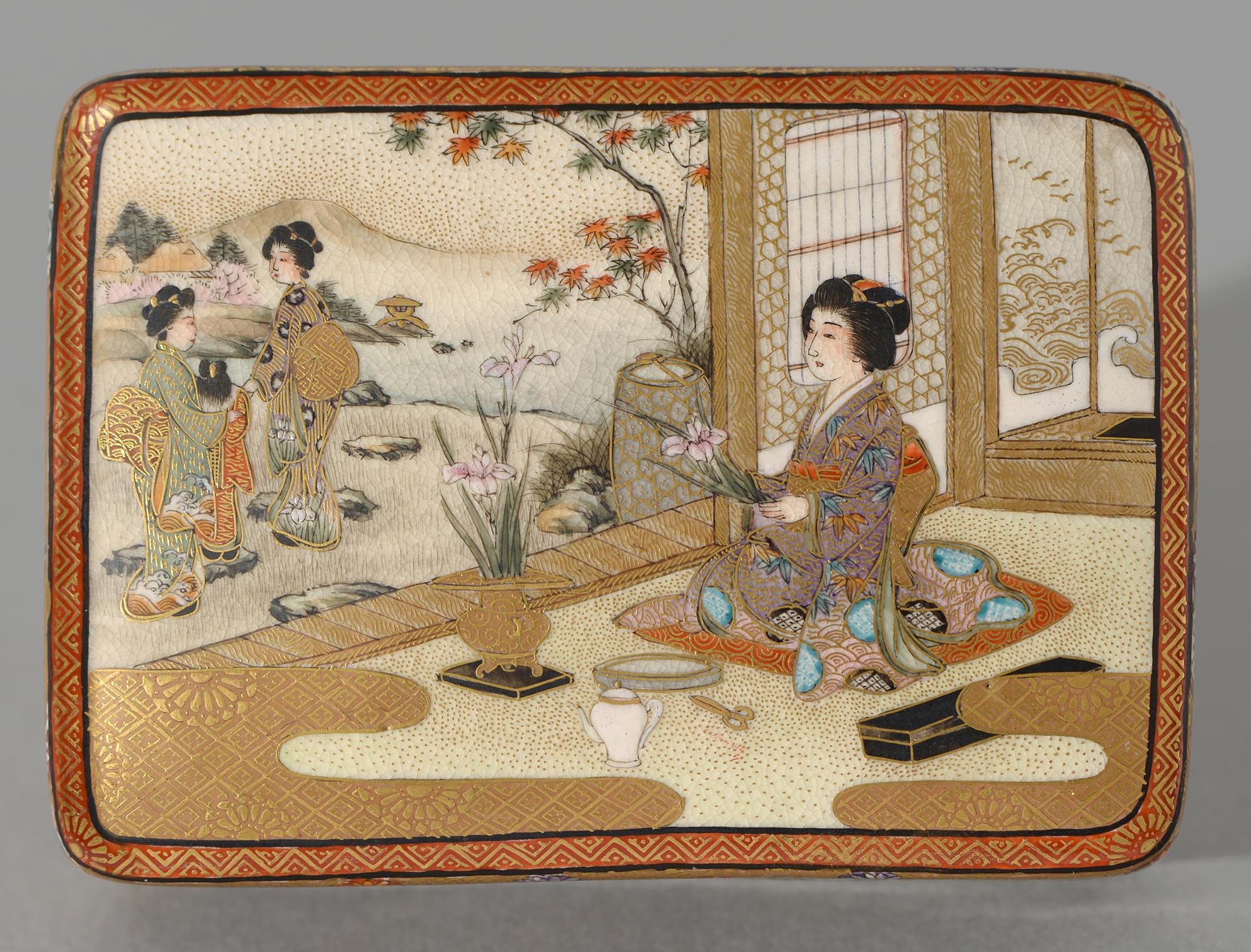 A Satsuma ware box and cover, Meiji period, the cover enamelled with a woman in an interior - Image 2 of 4