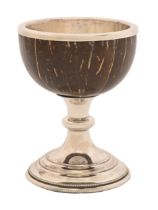 An EPNS mounted coconut cup, early 20th c, in the form of a medieval communion cup, on beaded