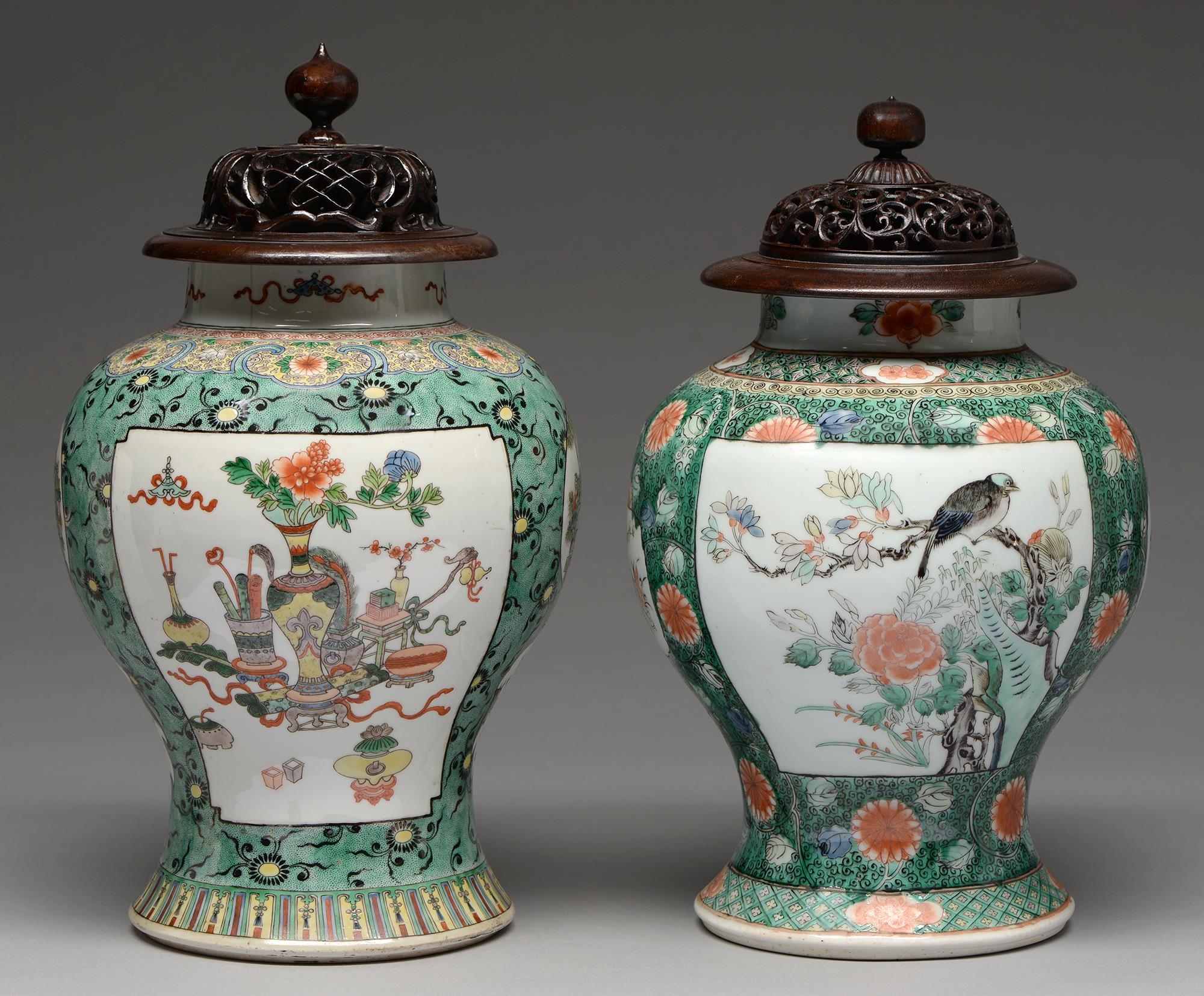 Two Samson famille verte jars, enamelled in Kangxi style with birds or flower filled objects on a - Image 2 of 3