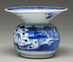 A Chinese blue and white spittoon, 19th c, painted with river islands and 'cannonballs', 90mm h