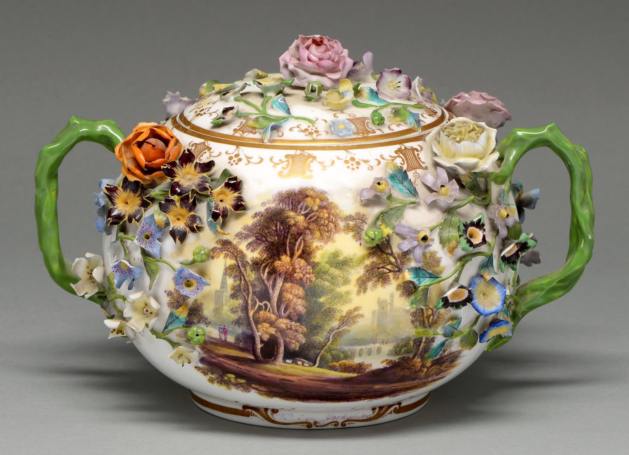 A Minton floral encrusted Globe vase and cover, c1830, with rustic entwined green handles, painted