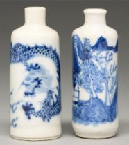 Two Chinese blue and white snuff bottles, 19th / 20th c, cylindrical, painted with dragon or