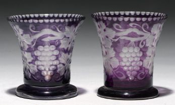 A pair of amethyst cased and intaglio engraved 'Transparent Cameo' glass vases, Stourbridge, early