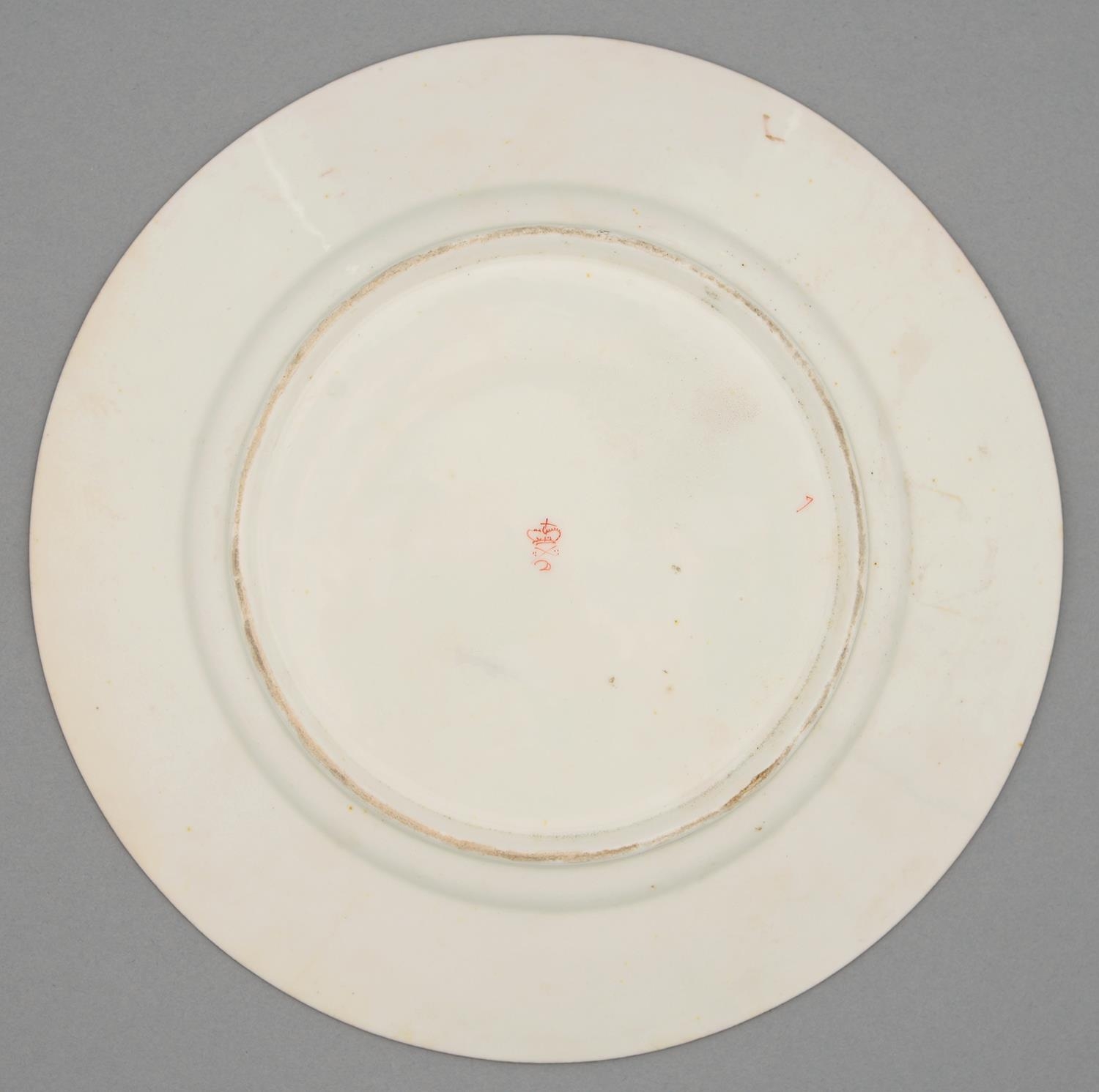 A Derby plate, c1820, painted by Richard Dodson with three brightly plumaged birds reserved on a - Image 2 of 2