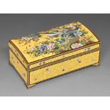 A Japanese cloisonne enamel cigarette box, early 20th c, the slightly domed lid enamelled with birds