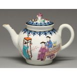 A Worcester teapot and cover, c1765, with underglaze blue border and teapot painted to either side