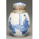 A Chinese blue and white jar, 18th c, ovoid, painted with ladies playing go, silver mount, the
