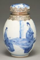 A Chinese blue and white jar, 18th c, ovoid, painted with ladies playing go, silver mount, the